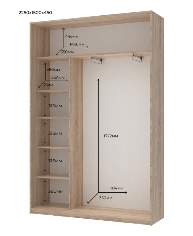 Шкаф купе Doros Сити Лайт Дуб Cонома 1 ДСП / 1 Зеркало 150х45х225 (42002037)