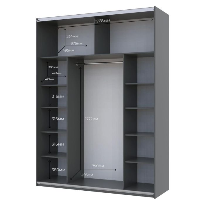 Шкаф купе Doros G-Caiser Графит / Дуб Эвок 2 ДСП / 3 части 180х60х240 (42005014)