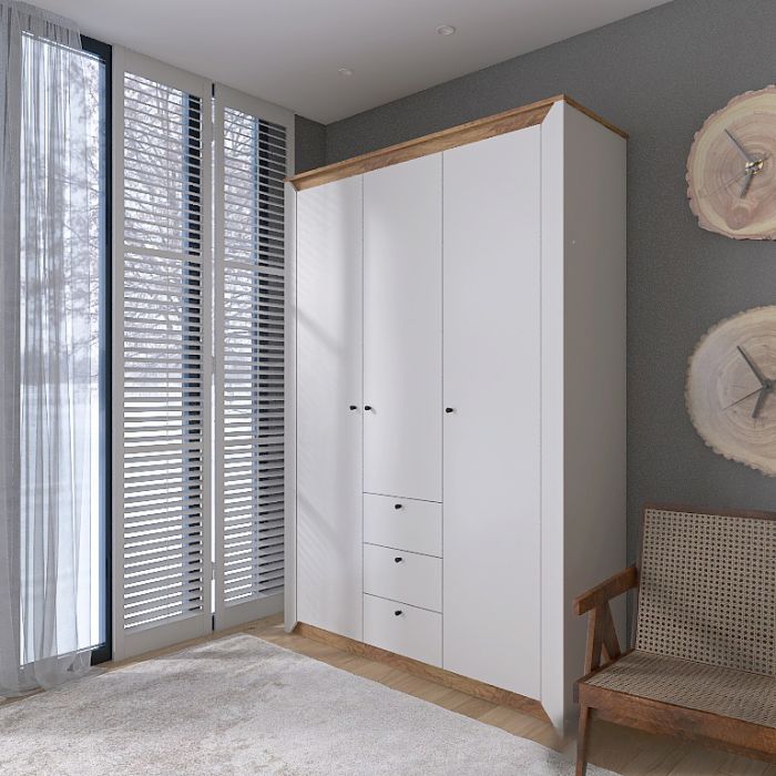 Шкаф трехдверный Эверест Нордик-1400 Белый + Дуб крафт золотой (DTM-5537)