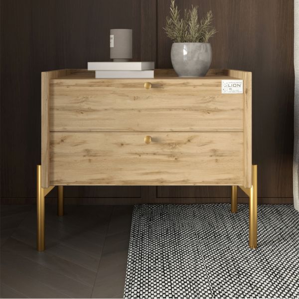 Тумба прикроватная LION Wood с двумя ящиками Дуб Аппалачи (золотые ножки) (LION-041345)