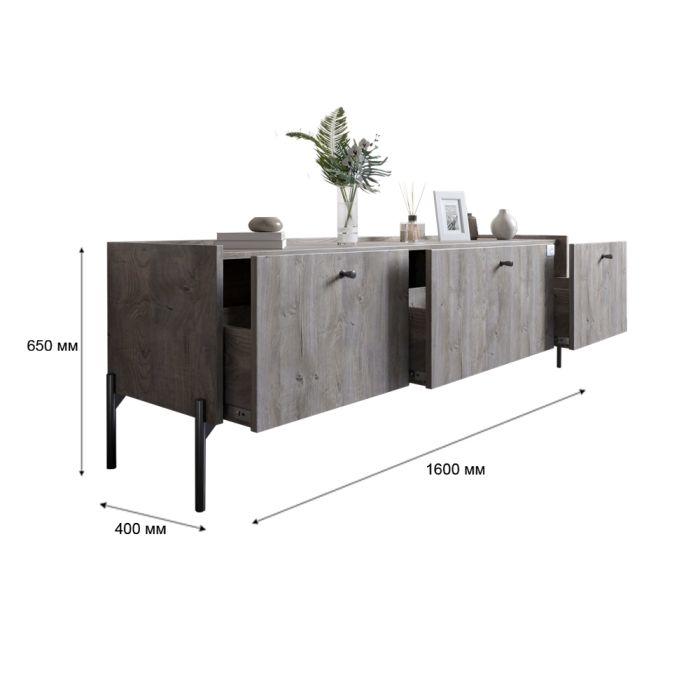 Тумба под телевизор на 3 ящика LION Wood с черными ножками 160х65х40 см Розовый (LION-043103)