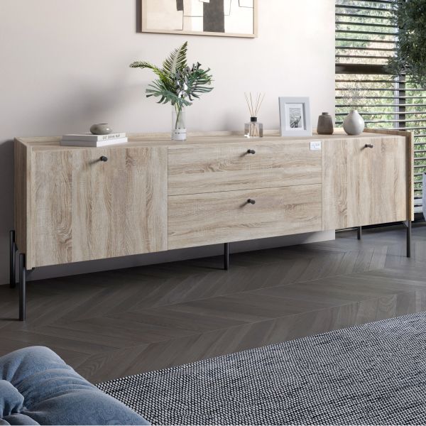 Тумба под телевизор с ящиками LION Wood с черными ножками 180х50х40 см Дуб Сонома (LION-043129)