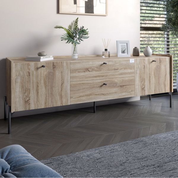 Тумба под телевизор с ящиками LION Wood с черными ножками 180х50х40 см Дуб Сонома Трюфель (LION-043130)