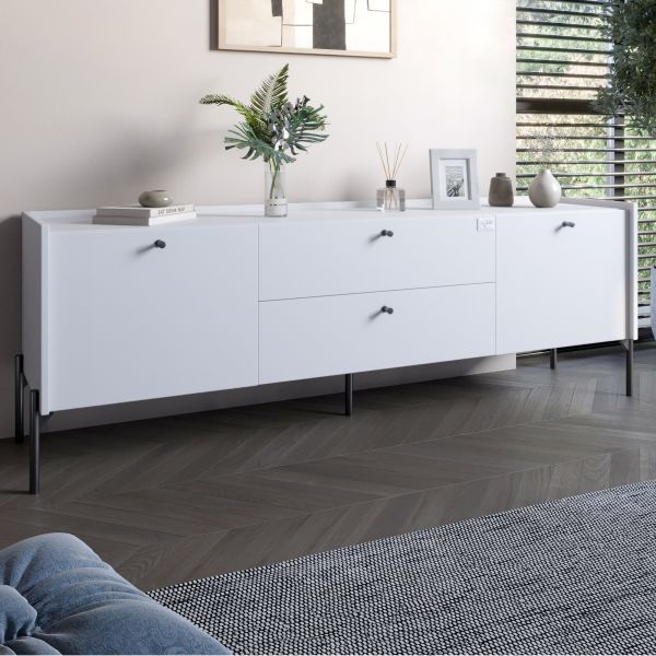 Тумба под телевизор с ящиками LION Wood с черными ножками 180х50х40 см Нимфея Альба (белый) (LION-043132)