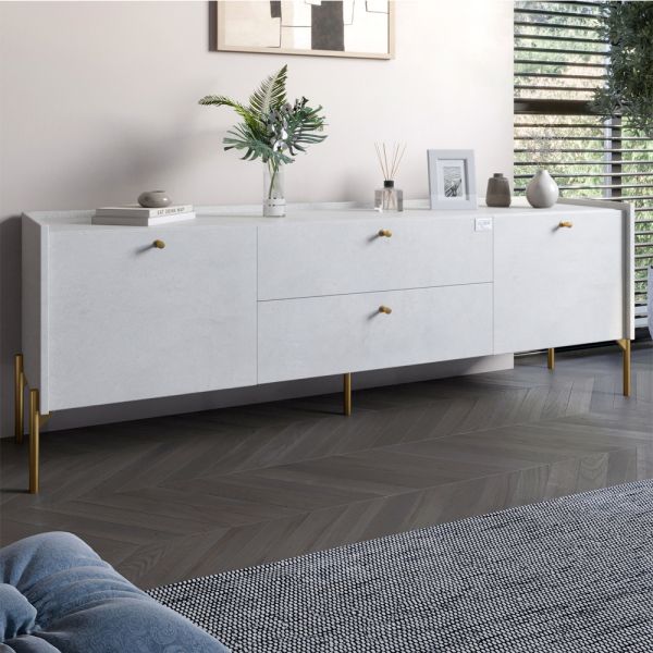 Тумба под телевизор с ящиками LION Wood с золотыми ножками 180х50х40 см Бетон style (LION-043109)