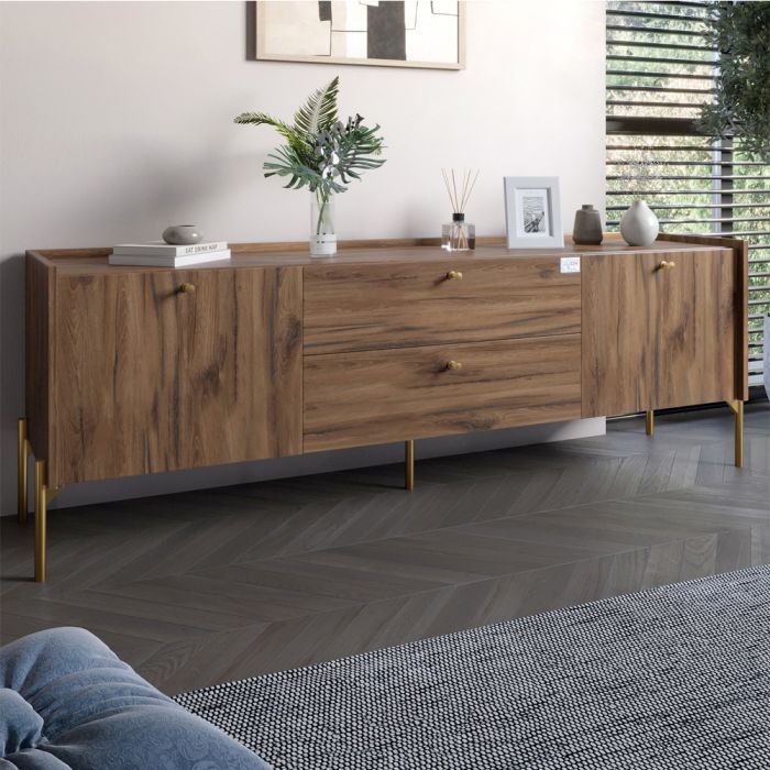 Тумба под телевизор с ящиками LION Wood с золотыми ножками 180х50х40 см Дуб Ливорно (LION-043114)
